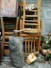 Trevor Corser always keeps an axe handy in case of unwanted intruders in the Leach Pottery, St. Ives, Cornwall
